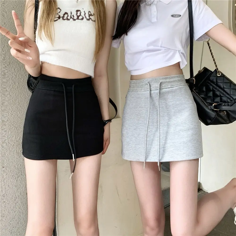 

Vintage Sexy Drawstring Skirt Slim All-match Black Short Skirt Women's High Waist Hip Skirt Half-length Skirt Female Y2k Skirt