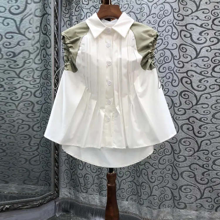 

VANOVICH 2022 Summer New European Style Women's Contrast Color Patchwork Drawstring Cuffs Pleated Doll Shirt Sleeveless Top