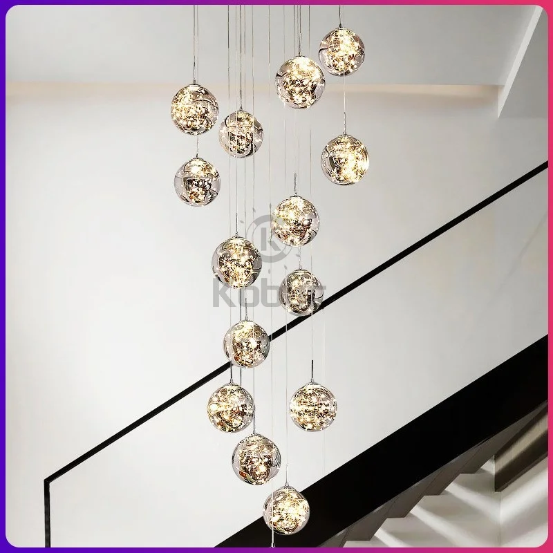 Modern Spiral Staircase Lighting Chandelier Long Chandelier Living Room Villa Kitchen Loft Glass Ball LED String Chandelier
