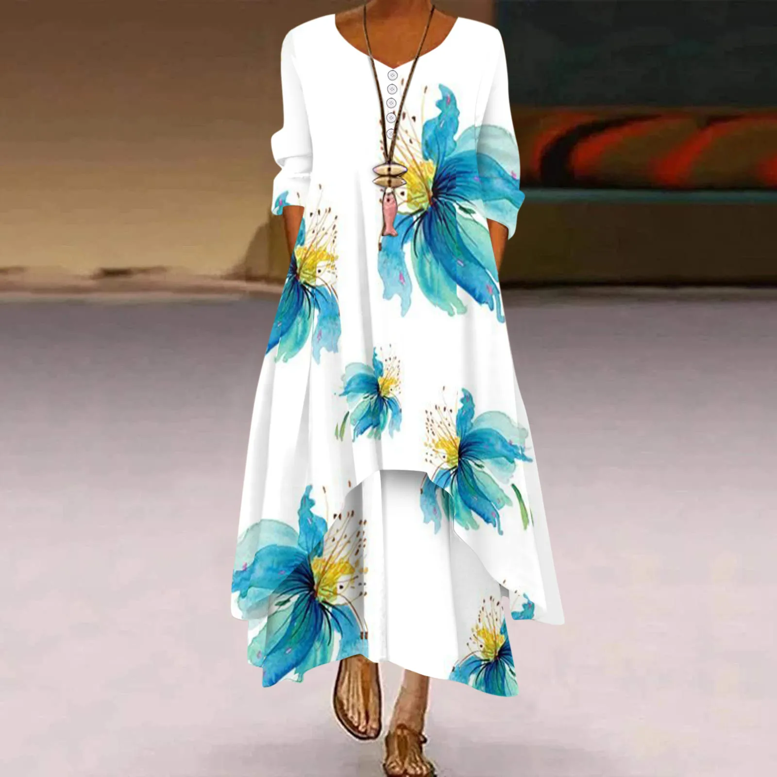 

Women Floral Print Half Sleeve Elegant V Neck Casual Loose Maxi Dress Casual Silver Dresses for Women Long Fancy Dress