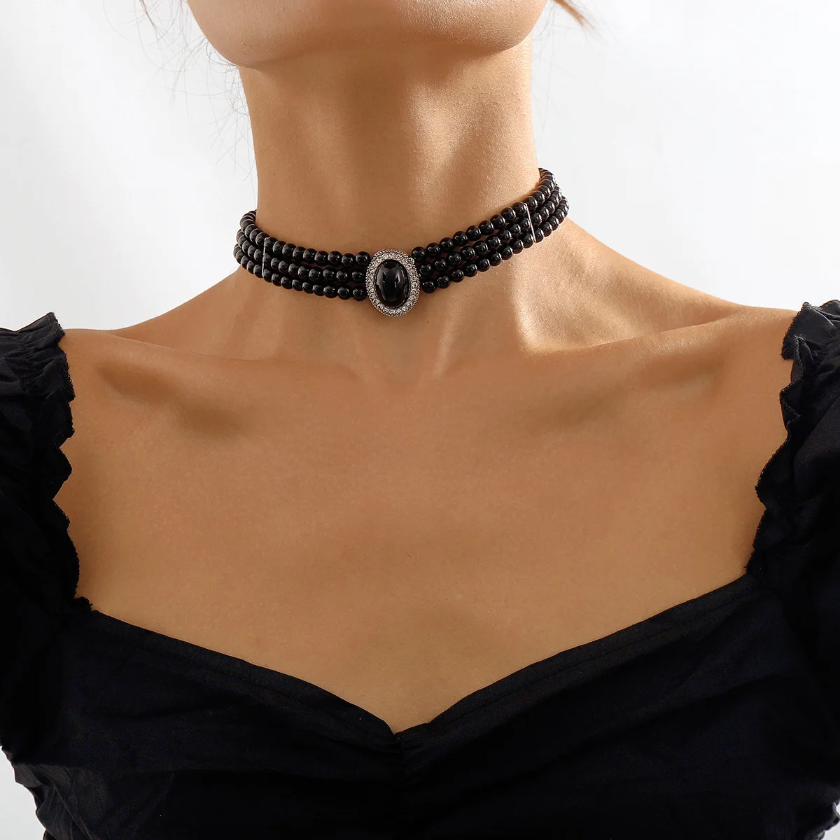 Multi-Layer Black Imitation Pearl Necklace Bead Chain Punk Ladies Wedding Short Clavicle Necklac Girl Charm Banquet Jewelry