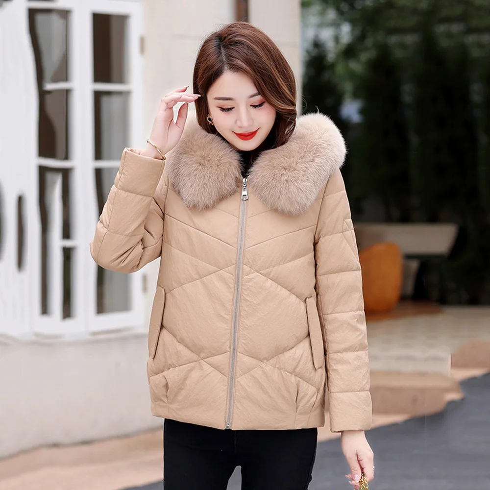 New Women Sheep Leather Down Jacket Winter Fashion Warm Hooded Real Fox Fur Collar Duck Down Leather Coat Loose Thicken Topscoat