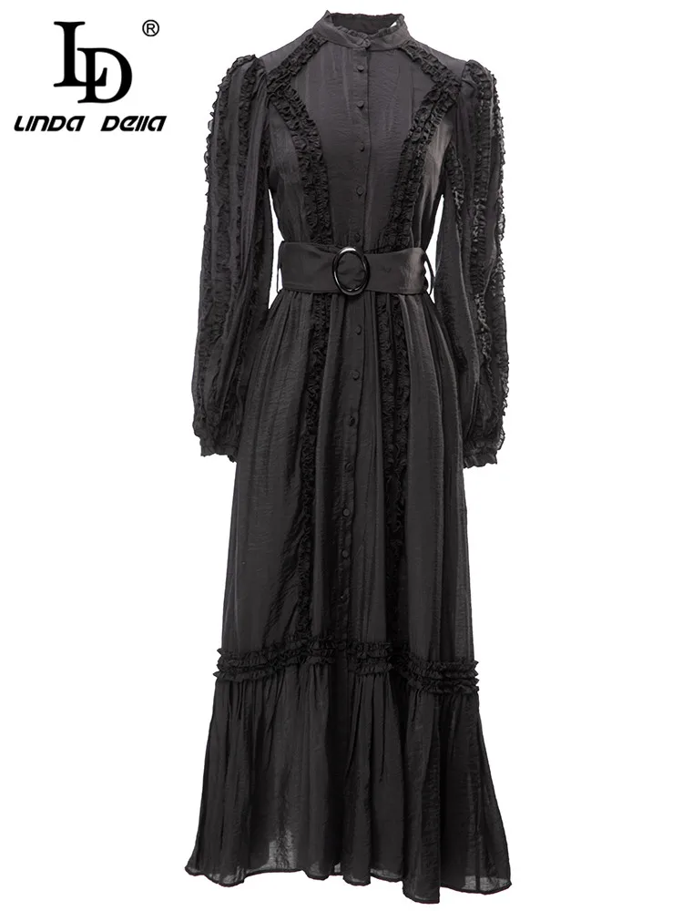 LD LINDA DELLA 2023 New Fashion Runway Spring Dress Women Lantern Sleeve Single-breasted Sashes Black Long Dresses