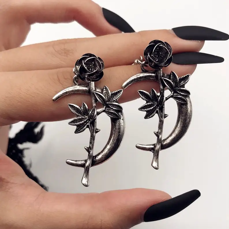 

Silver Moon Earrings- Rose Stem Drop Earrings- Crescent Moon Drop Earrings - Pewter- Witchy- Gothic - Goth - Aesthetic
