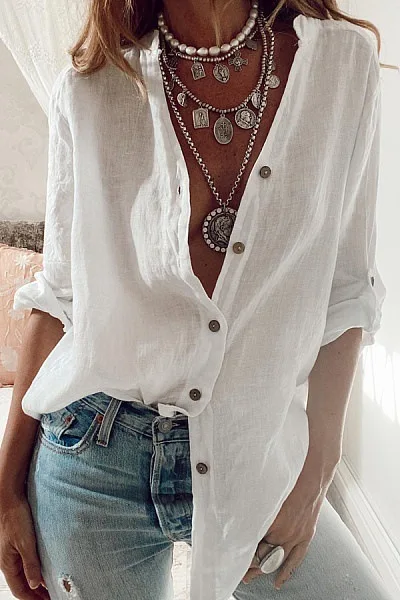 

Women's Cotton Linen Shirts Solid Button Up Casual Loose Blouses 2022 Spring Autumn Office Ladies Roll Sleeve White Fashion Tops
