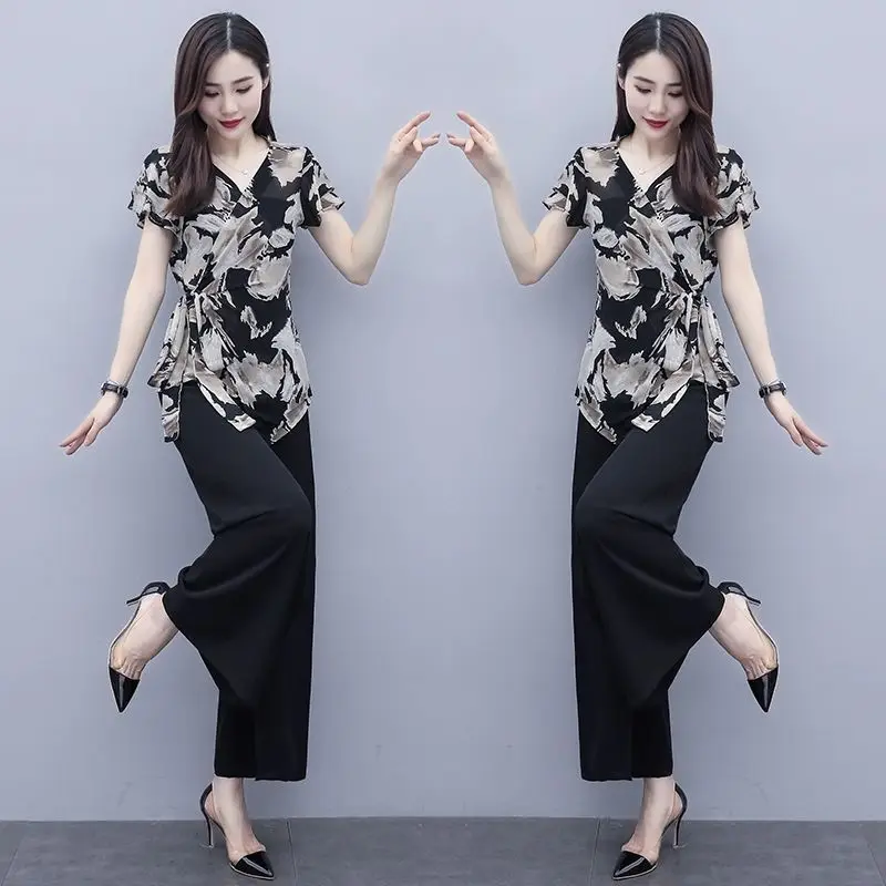 Женские костюмы с брюками с широкими штанинами, Новинка лета 2023, комплект из двух предметов, модная Повседневная шифоновая одежда для женщин Y105