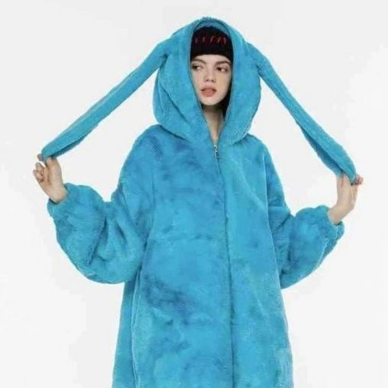 Зимняя мягкая длинная парка Лолита с капюшоном и кроличьими ушками бархатная