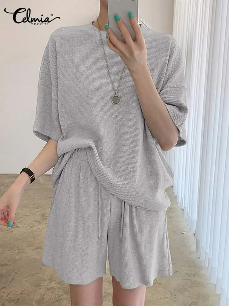 

Повседневный свободный костюм Celmia из двух предметов, модная блузка с рукавом до локтя и шорты с эластичным поясом, женские костюмы, Короткие...