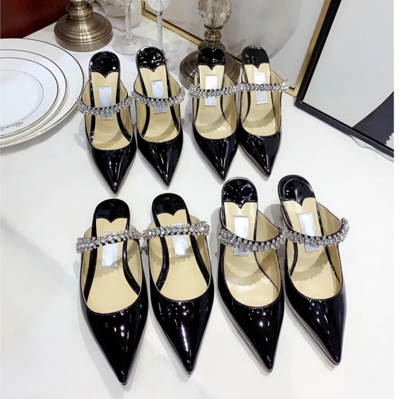 

2021 Summer High Heel Pointed Toe Strap Rhinestone Half Slippers Patent Leather Low-Cut Flat All-Match Women's Shoes