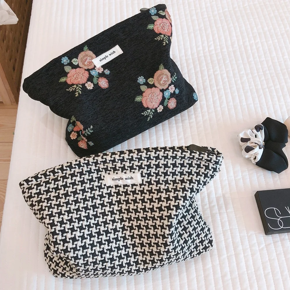 Houndstooth Makeup Organizer Clutch Bag Retro Flower Print Cosmetic Bag Wash Bags For Women Travel Cosmetics Beauty Storage Case