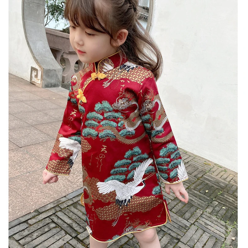 Vintage Chinese Traditional Embroidery Cheongsam For Girls Tang Suit New Year Dress Kids |