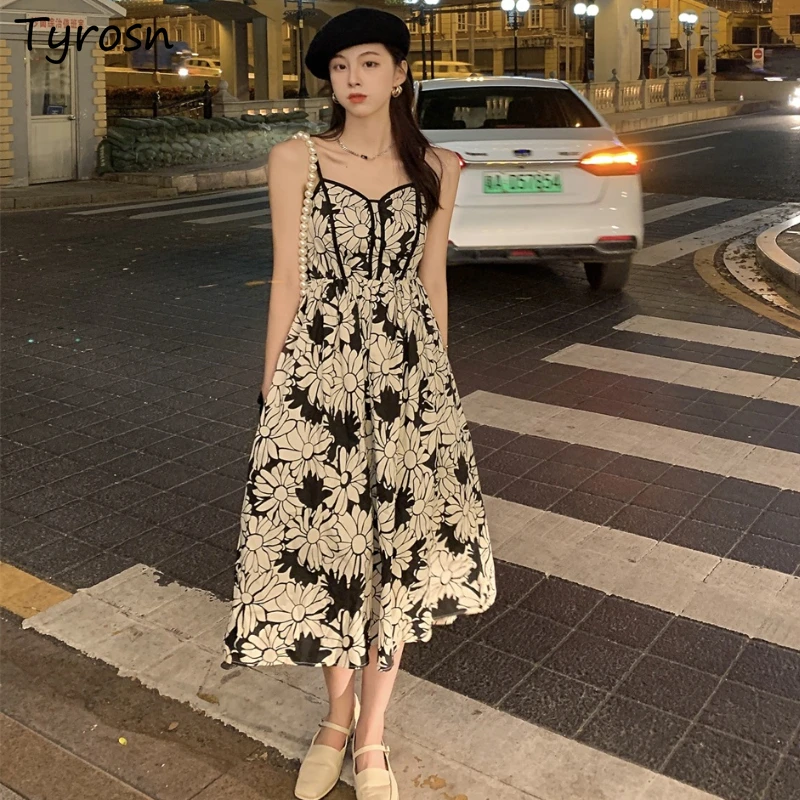 

Sleeveless Dresses Women Retro Design Floral Stylish Simple Korean Style Mujer Elegant Casual New Sexy V-neck Summer Basic Ins