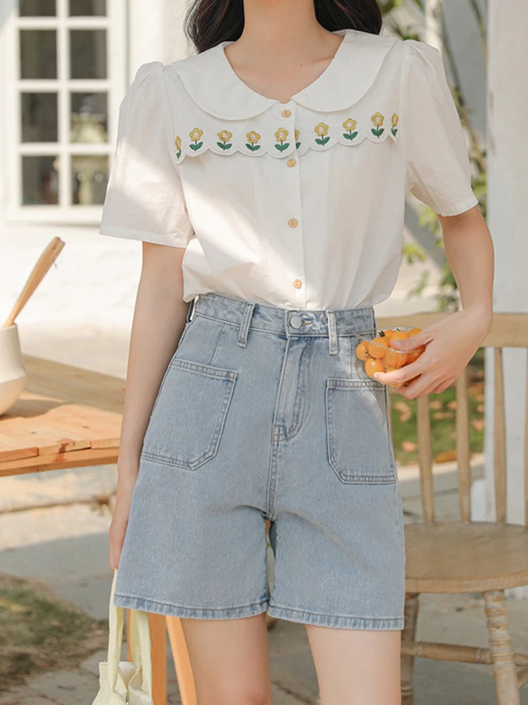 New Summer Women Straight Loose Blue Denim Shorts Streetwear Female High Waist Button Pocket Jeans Shorts Bottoms