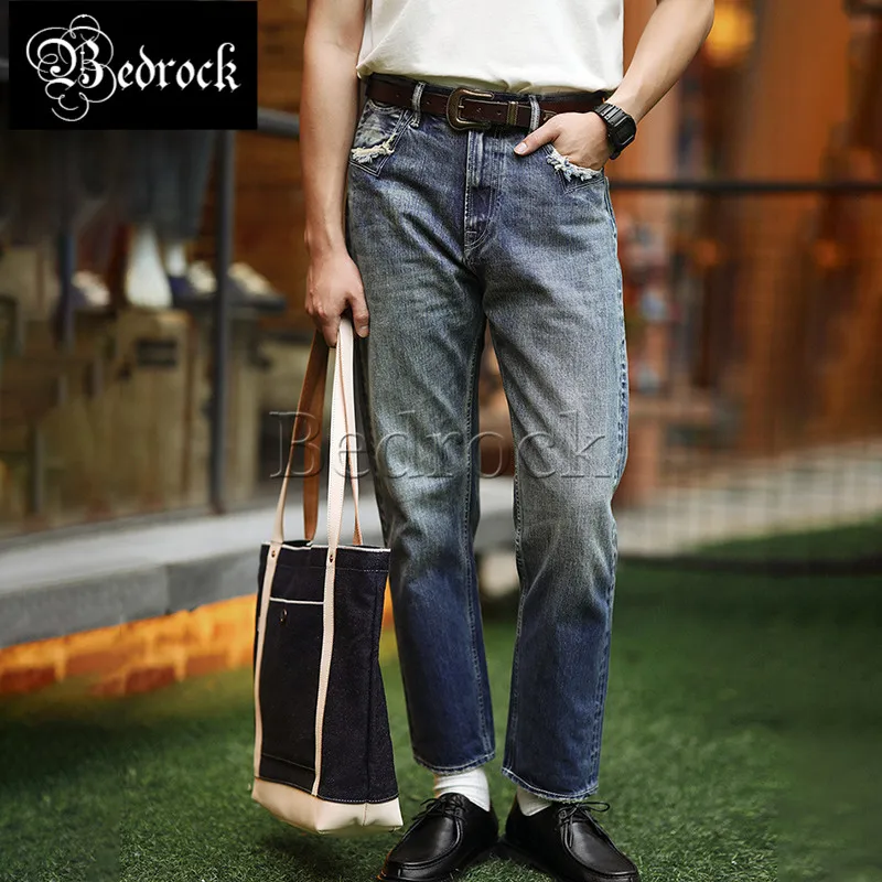 MBBCAR 11oz blue retro high end one washed jeans worn out old cat whiskers ripped cropped pants red line denim pencil pants 7404