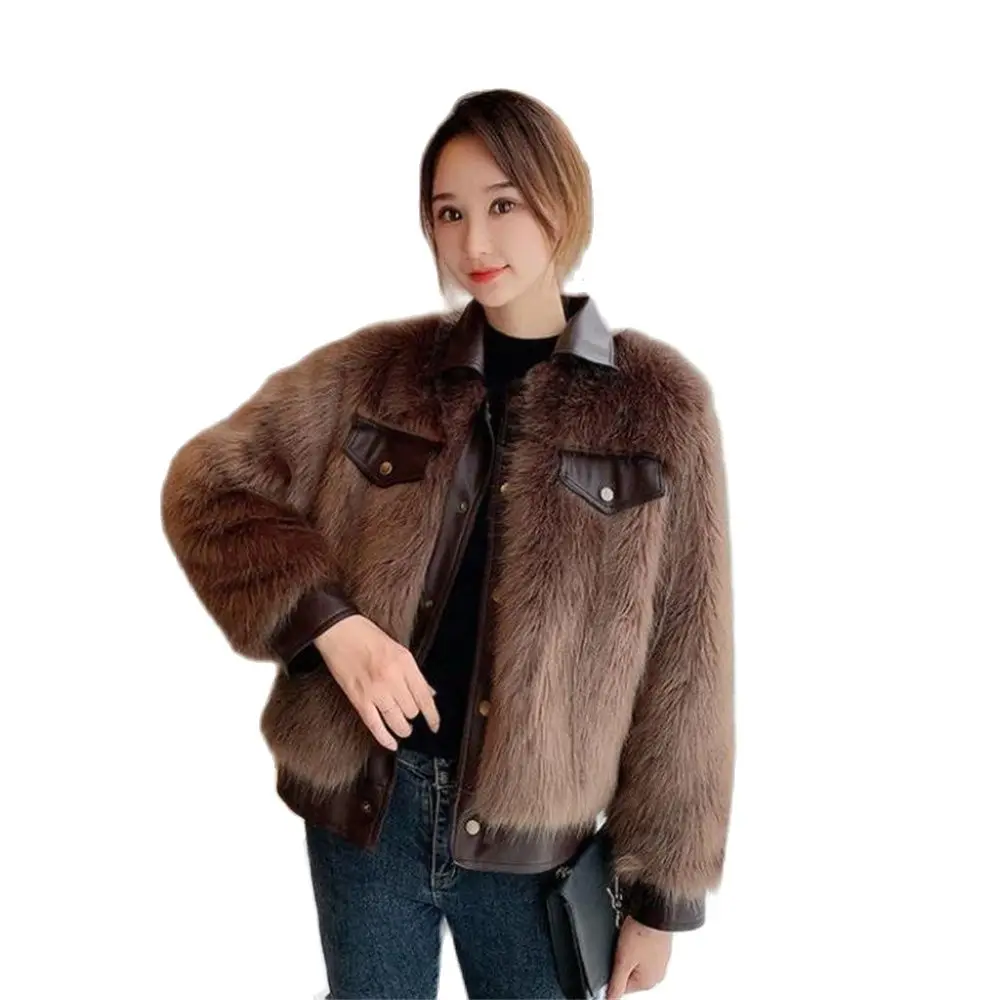 

Faux Fox Fur Grass Thick Coat Women New Winter Warm Close Turn-Down Collar One-Piece Fur Winter Jacket Woman Clothing Outerwear