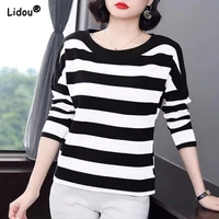 casual cotton linen t shirts o neck striped spring autumn all match leisure womens clothing tops for women 2022 new fashion