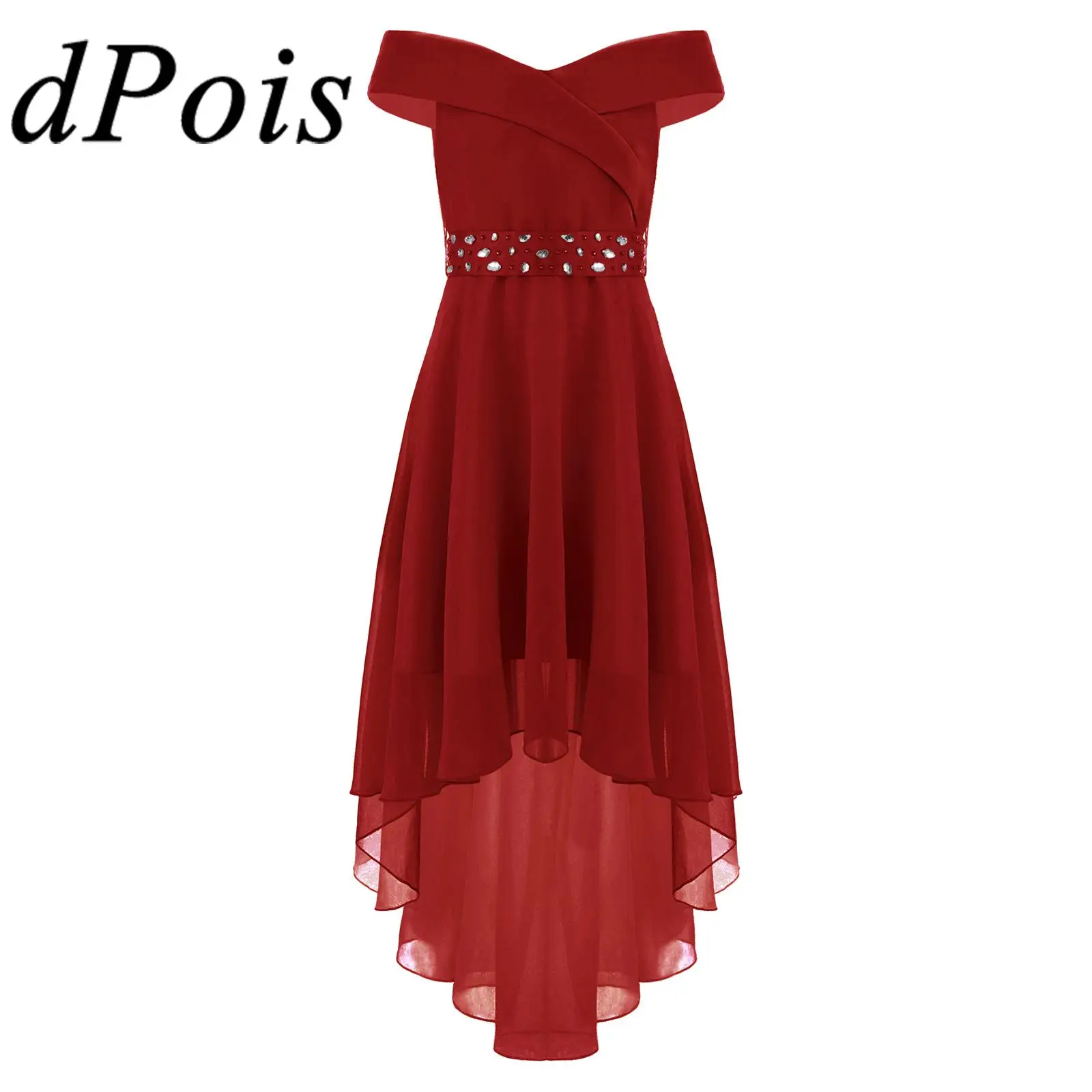 

Elegant Girls Dress Chiffon Hi-lo Off Shoulder Birthday Party Dress Performance Costume Lyrical Dance First Communion Clothes