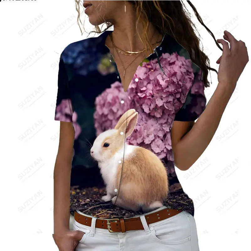 

Cute Rabbit Print Shirt Flower Dress Girl 2023 New Spring Top Fashion Elegant Short Sleeve Casual Shirt Plus Size Breathable