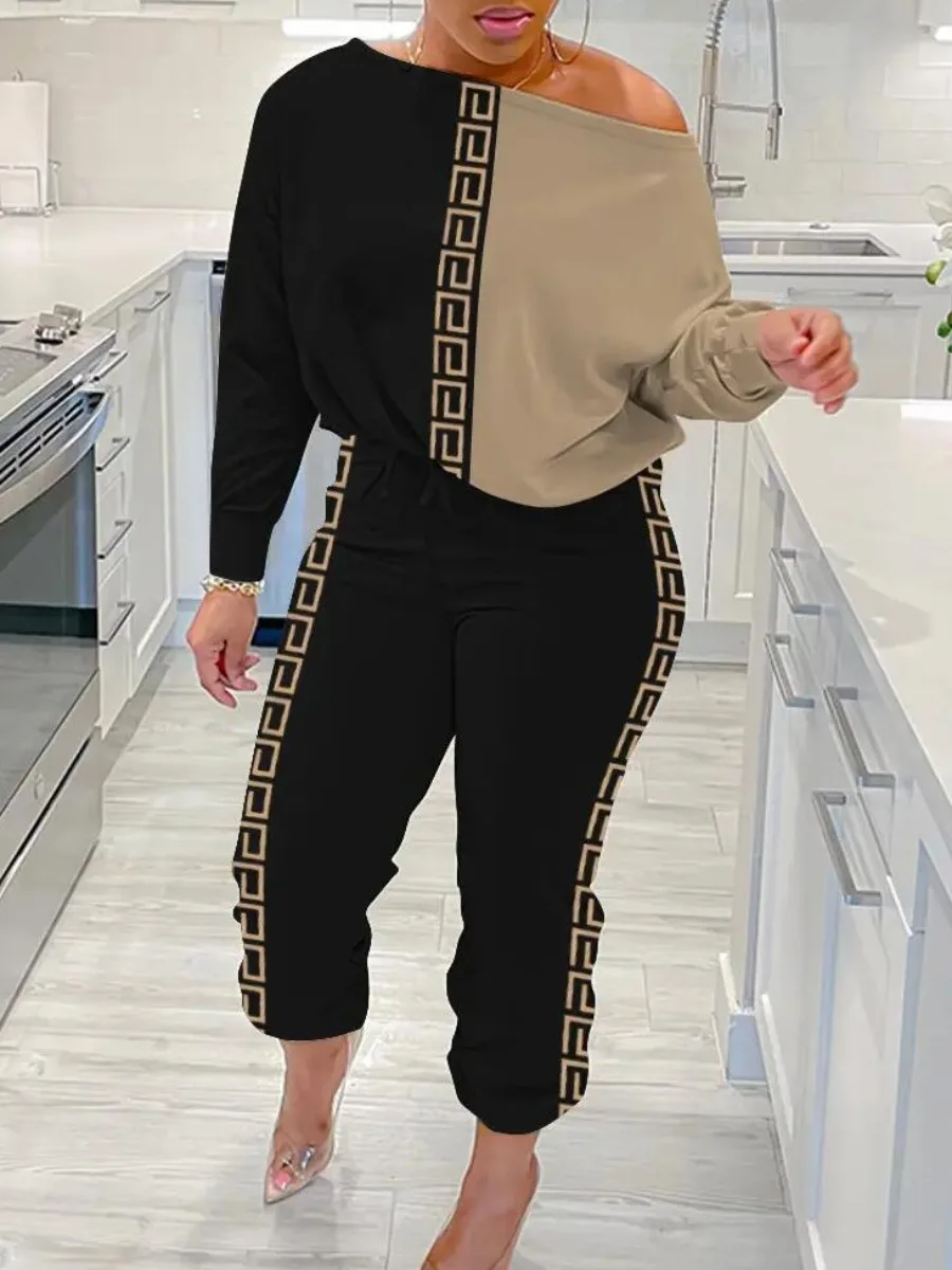 

LW Plus Size women’s tracksuit set Inclined Neck Geometric Print Pants Set Autumn NEW long sleeve women's matching 2pcs set
