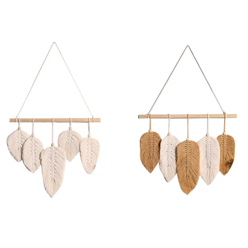 

Handmade Macrame Leaf Wall Hanging Tapestry Cotton Feathers Woven Leaves Door Porch