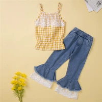 girls summer clothes new european and american girls plaid suspenders denim flared pants fashionable two piece set 1 6y