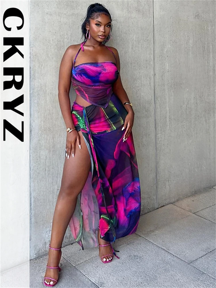 

Ladies Autumn Tie Dye Print Fashion 2 Pieces Sleeveless Backless Halter Crop Top Side Slit Maxi Skirt Set Women Party Clubwear