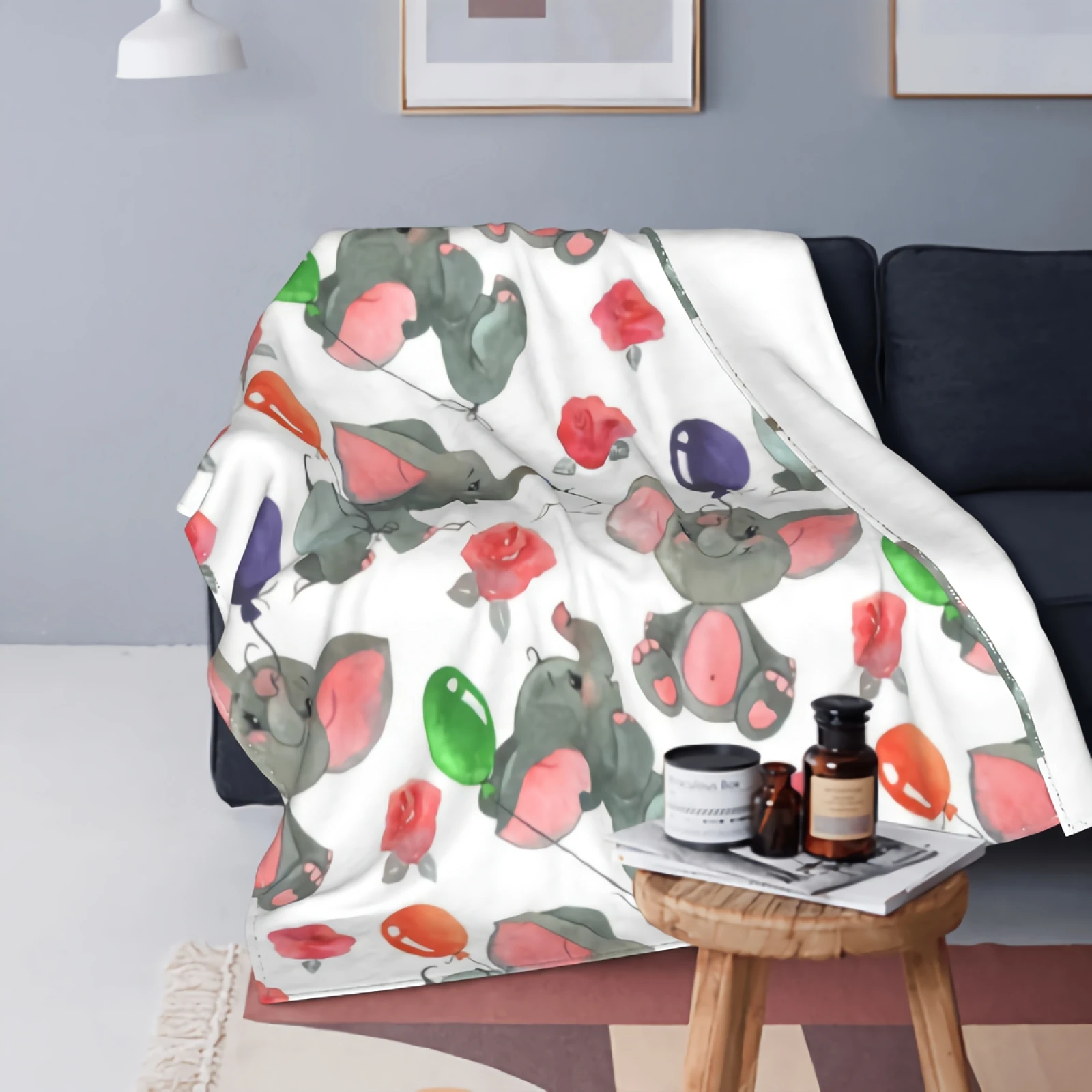 

Watercolor Cute Elephant, Baloons And Roses Flowers Buds Fleece Blanket Throw Size 50"x40" Super Soft Cozy Luxury Bed Blanket