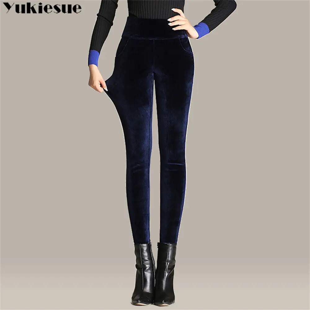 

Женские бархатные брюки-карандаш, теплые облегающие эластичные брюки с высокой талией, повседневные брюки с двойным утеплителем, для зимы