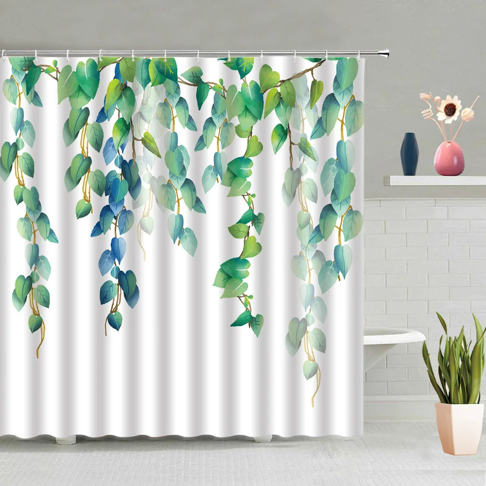 

Занавеска для душа с зелеными листьями, декоративный скандинавский тканевый штор в ванную комнату, с крючками, белый цвет, акварель, листья