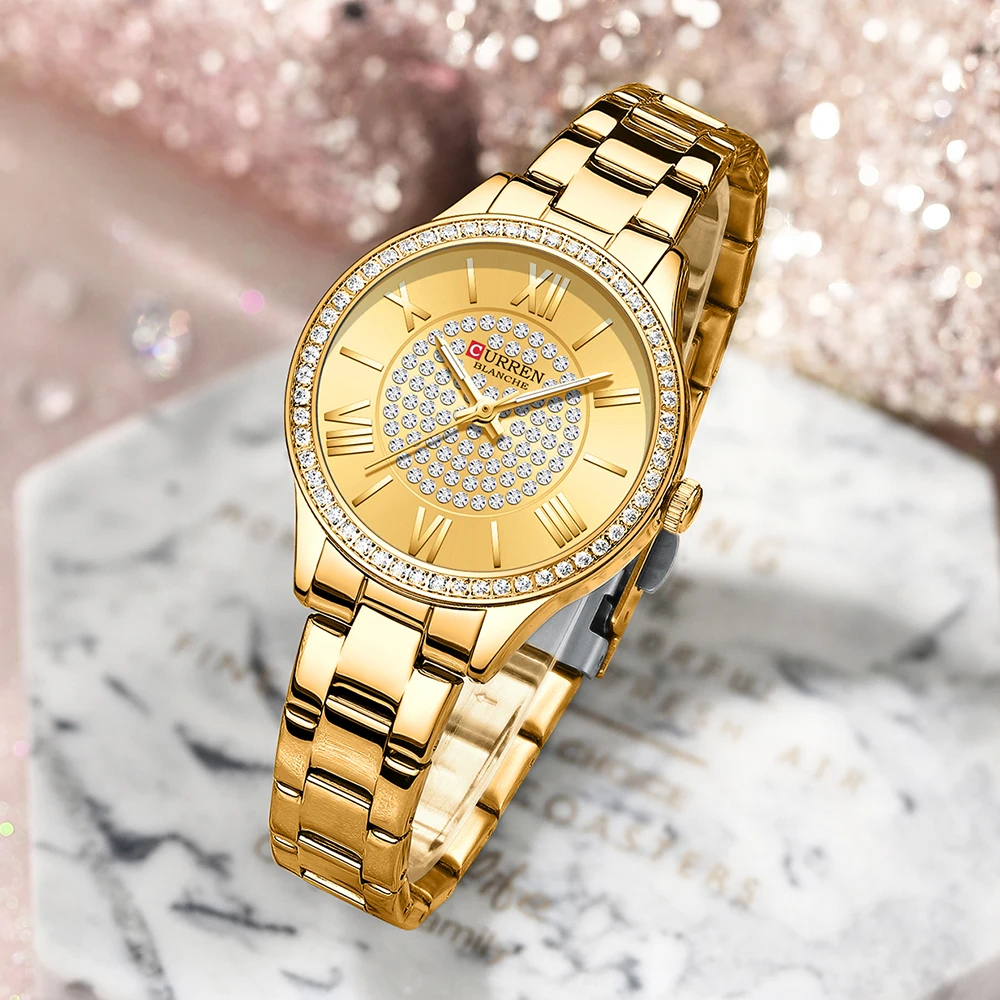 

CURREN Fashion Elegant Sport Quartz Ladies Women Watches Luxury Business Rhinestones Rose Dial Stainless steel Ladies WristWatch