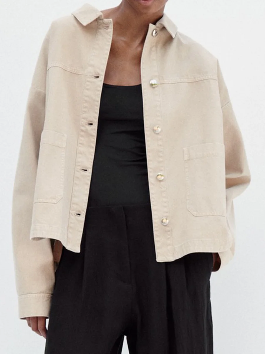 

Женская винтажная куртка с карманами, Повседневная Свободная двубортная куртка с отложным воротником и длинным рукавом, уличная одежда, 2023