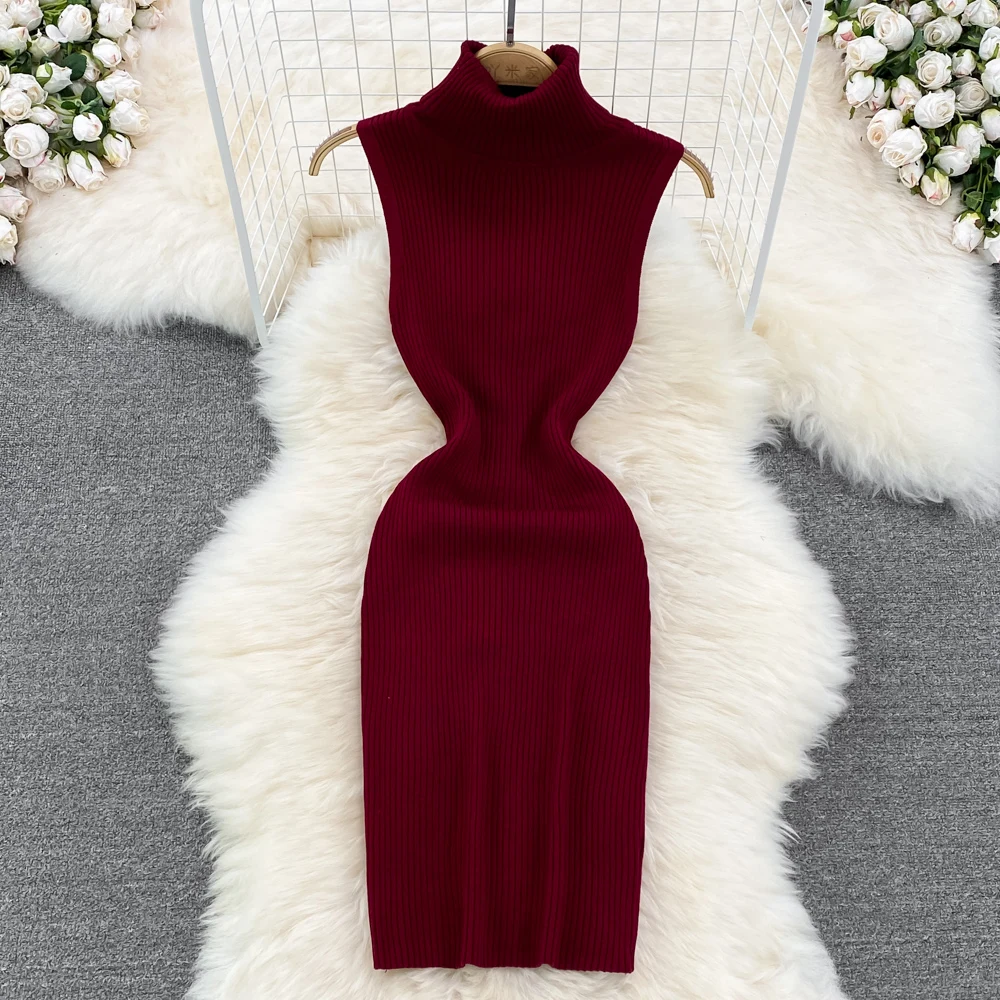 

Knitting Sheath Dresses Pullover Mini Sleeveless Bodycon Turtleneck High Waist Vestidos Mujer Green Casual Bodycon Sweater Robe
