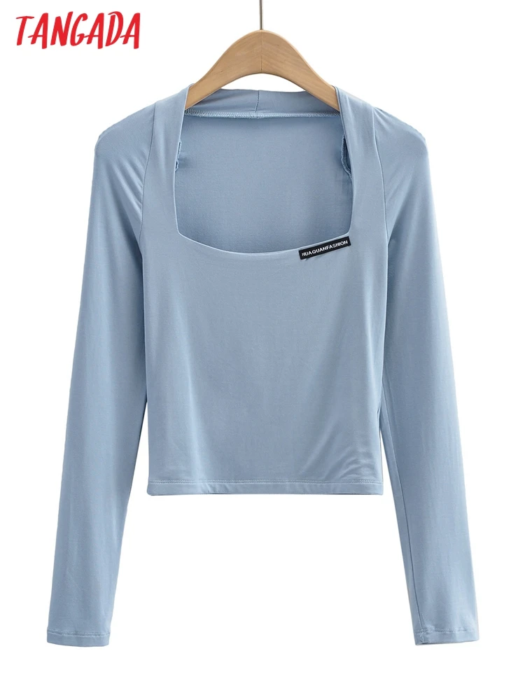 

Tangada Women Vintage Square Color Knit T Shirt Long Sleeve Tees Ladies Casual Tee Shirt Street Wear Top 4P34