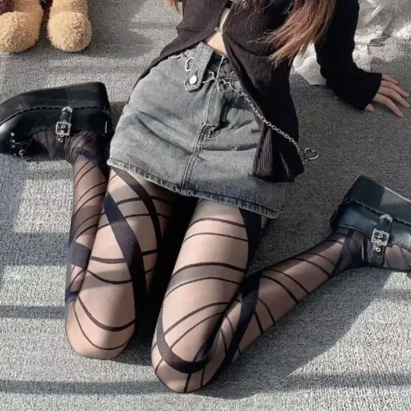 2024 нестандартные бретельки делают вас стройнее черные чулки с принтом Креста