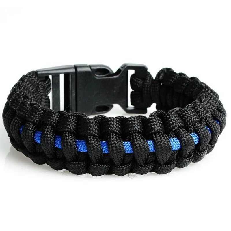 

Outdoor Travel Camping Thin Blue Line Black Braided Cobra Weave Plastic Buckle 7 Core Paracord Survival Bracelet Police