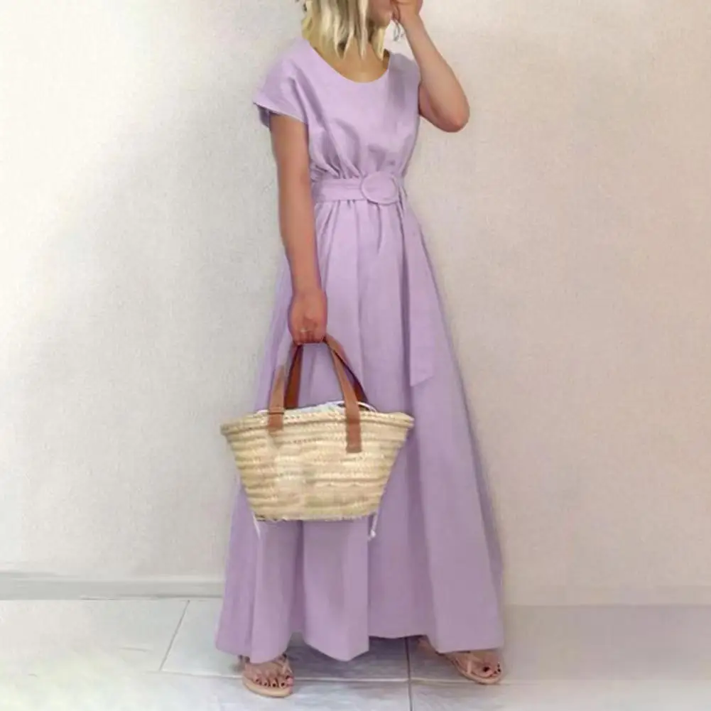 

Comfortable Popular Solid Color Large Hem Women Maxi Dress Sweat Absorbing Women Dress Round Neck Streetwear
