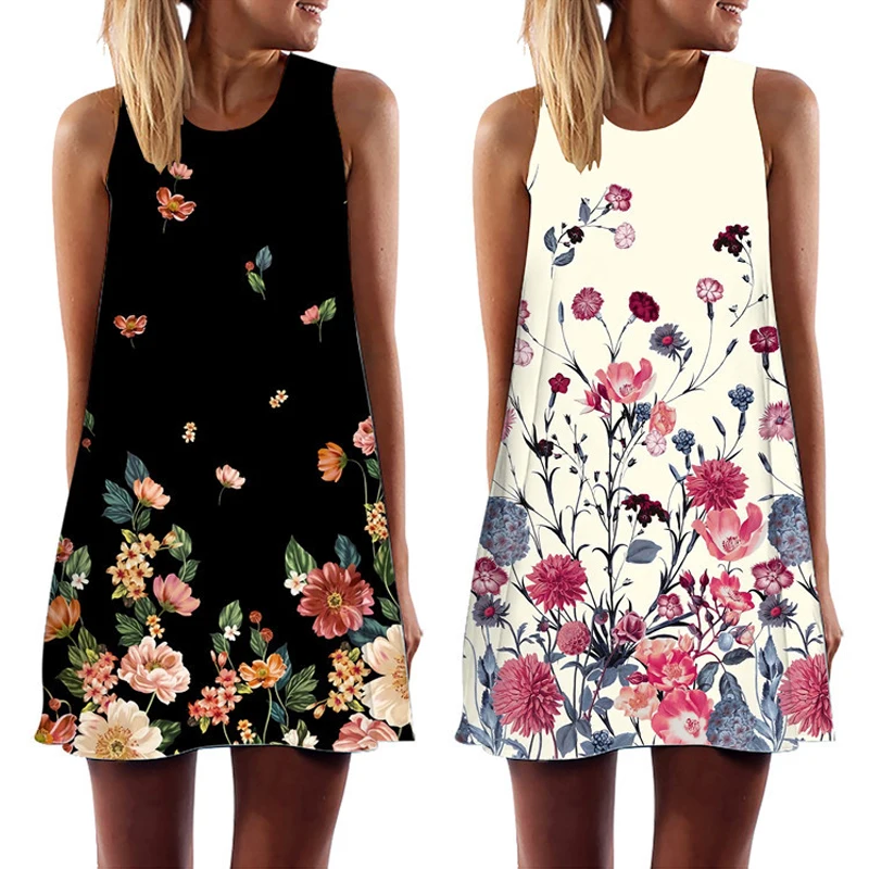 

2022 Summer Colorful Floral Printed Women Vest Dress Casual O-Neck Sleeveless A-Line Mini Dress Loose Sweet Party Beach Sundress