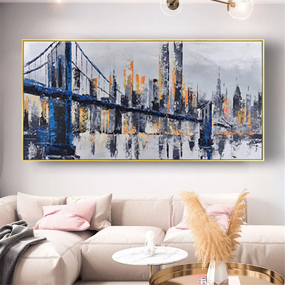 

High Quality Handmade Abstract Bridge Oil Painting City View Canvas Paintings Decor Living Room Mural Modern Pop Cuadros Artwork