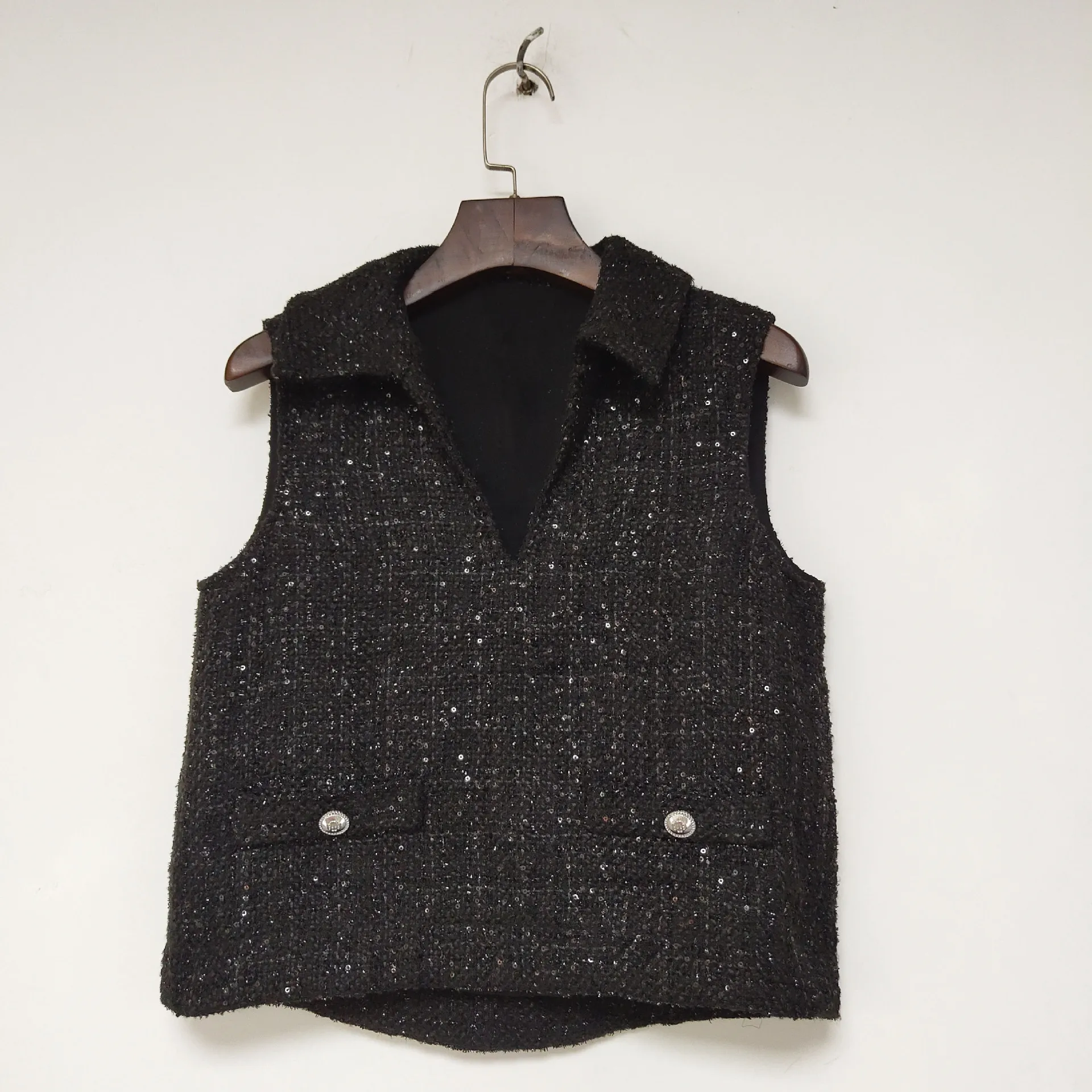 

Fashion and Leisure Fall Vest Solid Color Versatile Tweed V-neck Sequin Sleeveless Top