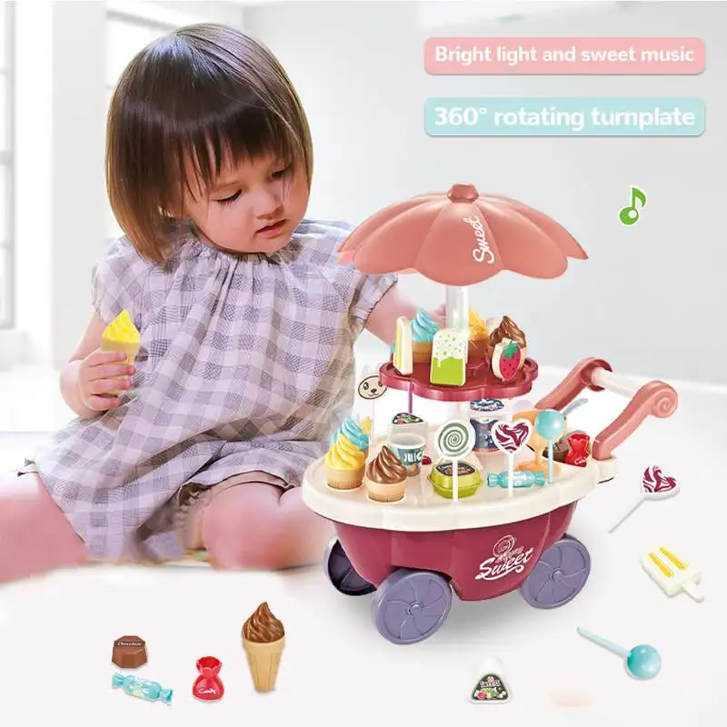 

Тележка для конфет, ролевая игра, десерт с едой и наличными, набор игрушек-тележек с музыкой и освещением, игрушки для девочек