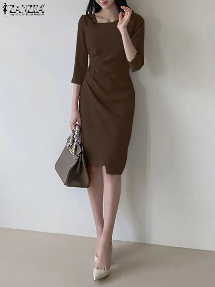 

Платье ZANZEA с диагональным воротником для женщин, приталенное элегантное офисное модное платье до колен с рукавом 3/4 и драпировкой на талии
