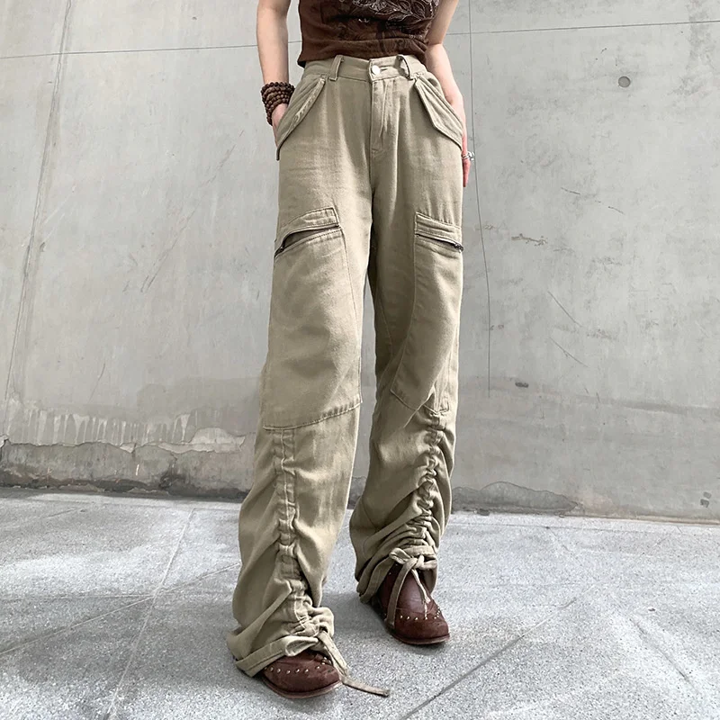 

Street Drawstring Low Waist Straight Jeans Versatile Dad Pants Custom Y2k Streetwear Loosecargo Jogger Pants Women With Pockets