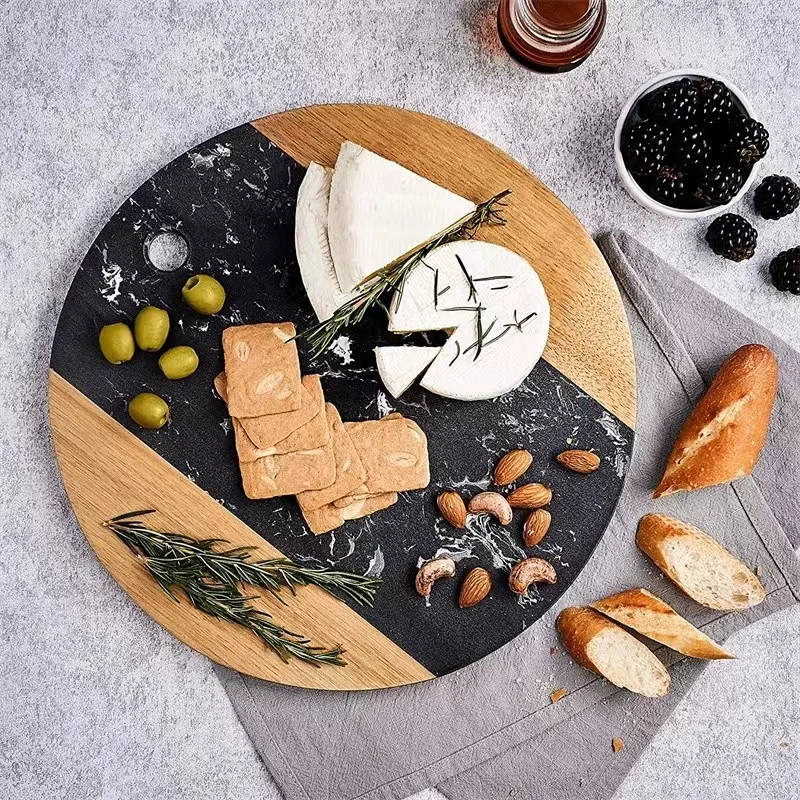 

Marble Wood Charcuterie Board with Handle Cheese Tray Kitchen Cutting Block for Pastry Meat Fruits Crackers Unique Cheeseboard