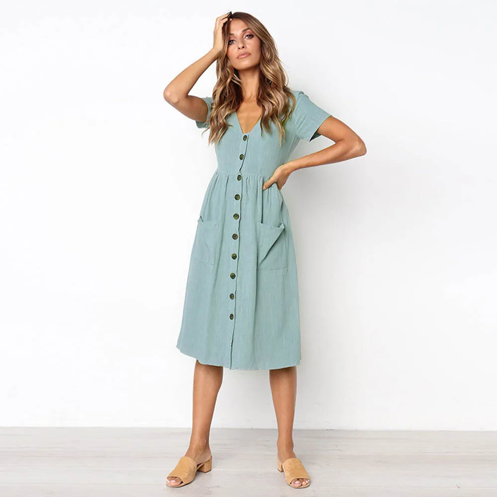 

2022 Fashion V-neck Button Versatile Pocket Stitching Short-sleeved Women's Dress Casual Single-breasted Mid-length Dress Kleid