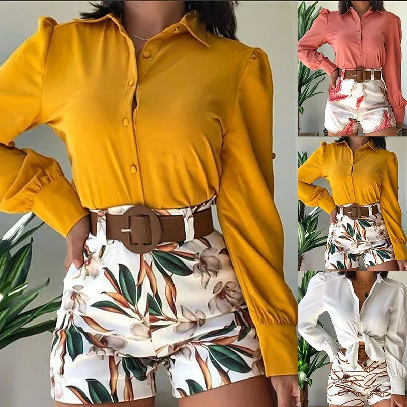 

Print Shorts Women Summer High Waist Shorts Woman Fashion Streetwear Short Pants Women Casual Long-sleeved T-shirt Set Female