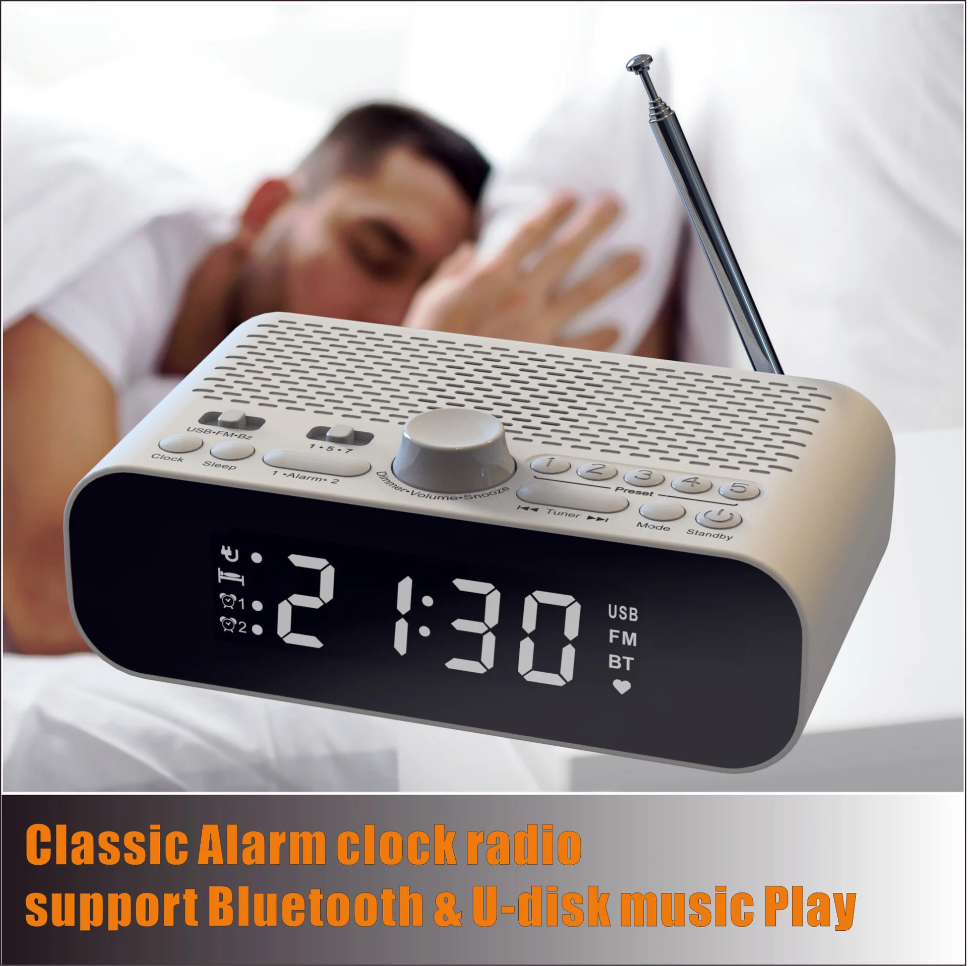 

BT-A5 прикроватный двойной будильник FM-радио U-диск/беспроводной MP3-плеер с басовым диафрагмой и светодиодным дисплеем может установить время ...