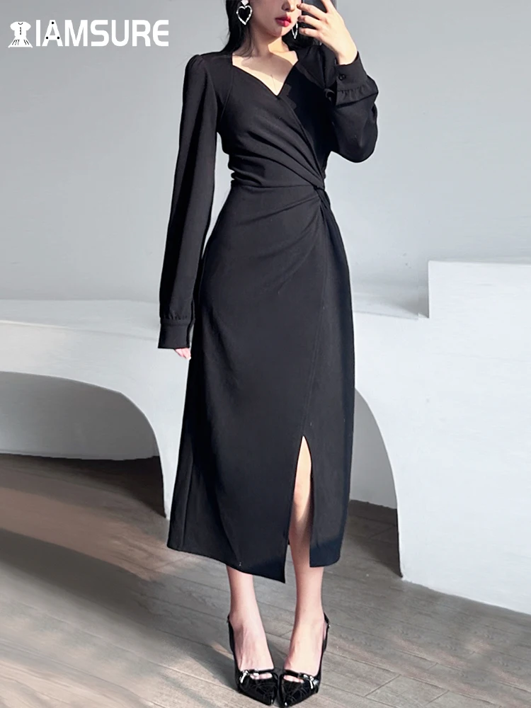 

IAMSURE Elegant Fashion Basic Solid Split Dress Office Lady Casual V-Neck Long Sleeve Maxi Dresses For Women 2022 Autumn Winter