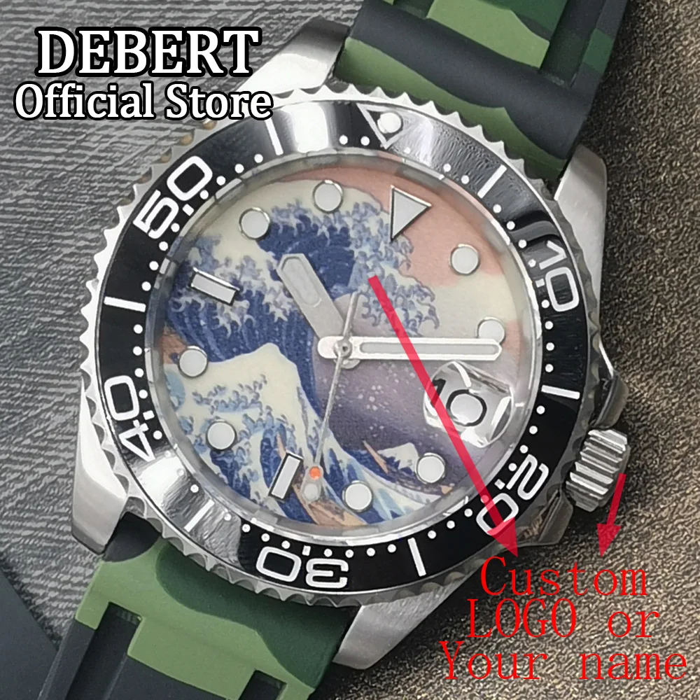 

Механические Мужские часы DEBERT с логотипом на заказ, 40 мм, NH35, сапфировое стекло, однонаправленный Безель, светящийся стерильный циферблат, силиконовый ремешок