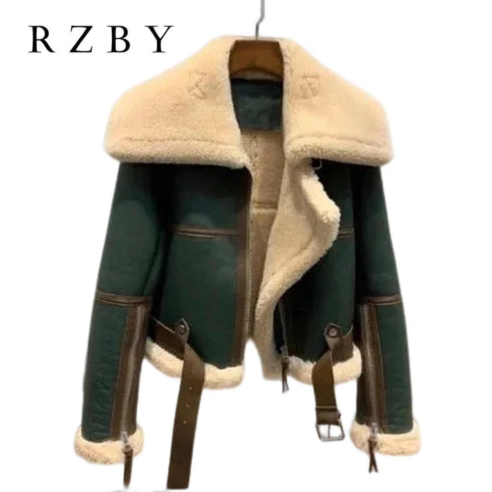 

Winter Shearling Fur Jacket Green Splicing Fake Leather Overcoats Turn Collar Female Poleron Peludo Mujer Teddy Coats RZBY2459