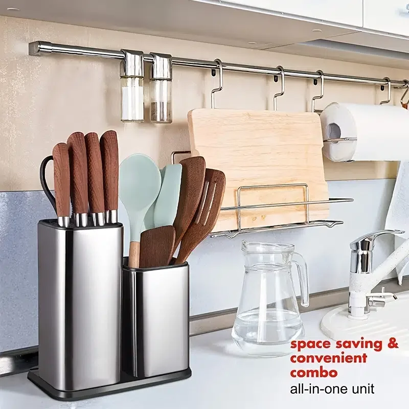 

Knife Holder And Utensil Holder, Stainless Steel Modern Rectangular Design Universal Knife Block And Kitchen Utensils Organizer